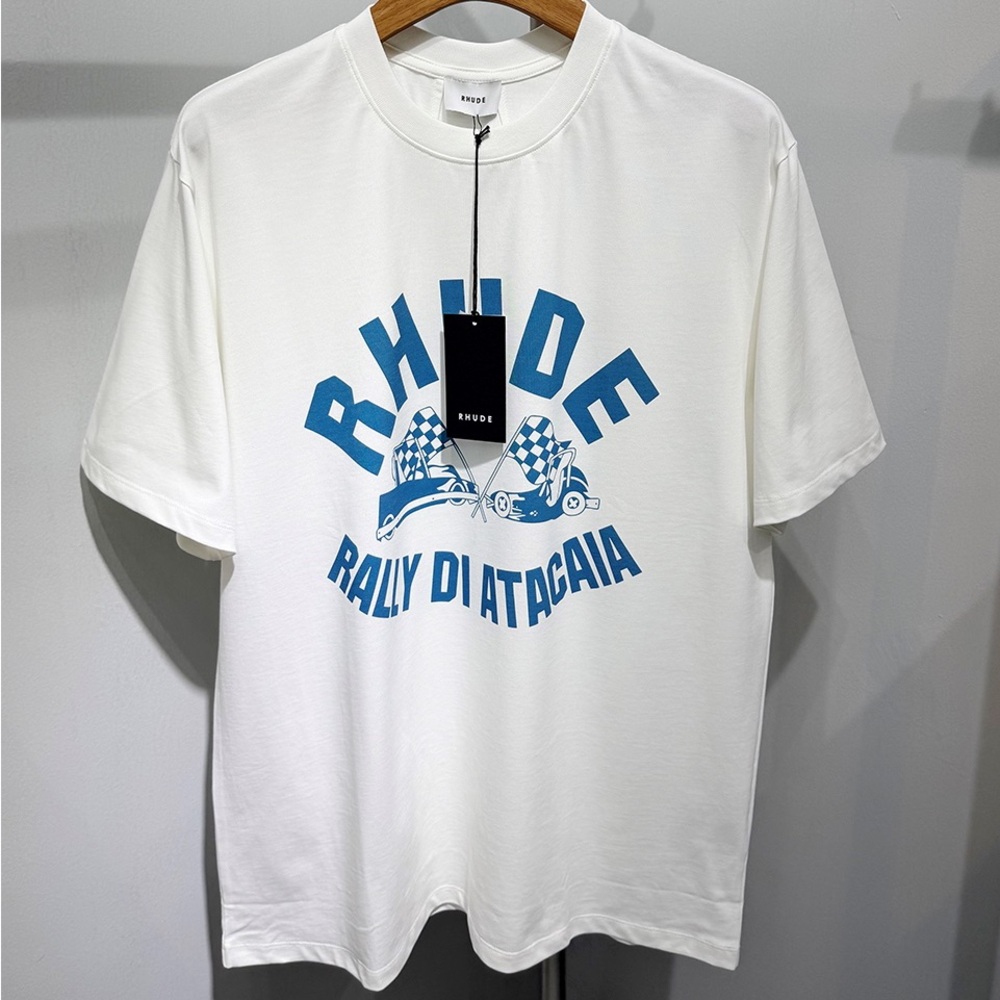 Rhude White Tee with Blue Rally Graphic